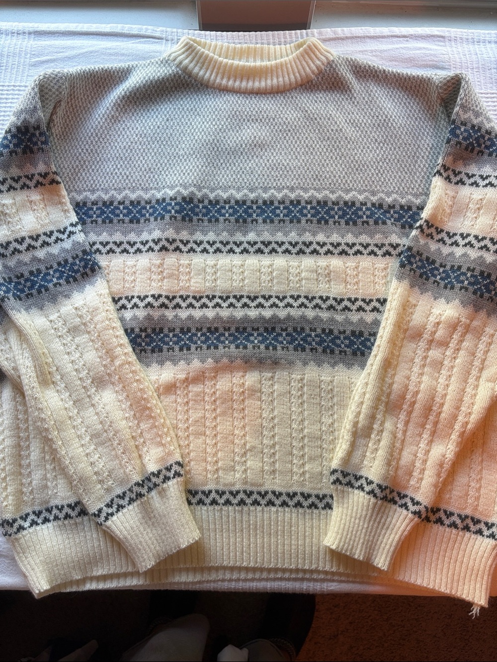 Cream Fair Isle Crewneck Sweater with Blue Accents - Women's Knit Pullover